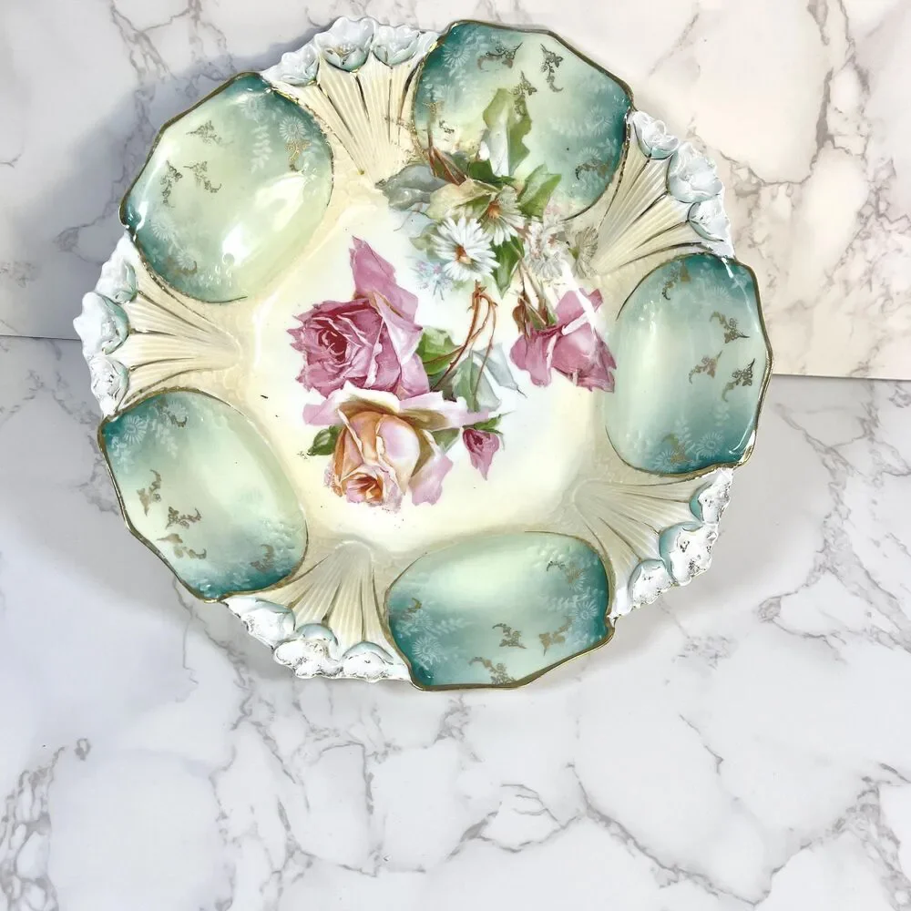 Antique R.S. Prussia Serving Bowl Roses Teal Panels Gold Gilt RED MARK (c. 1900)